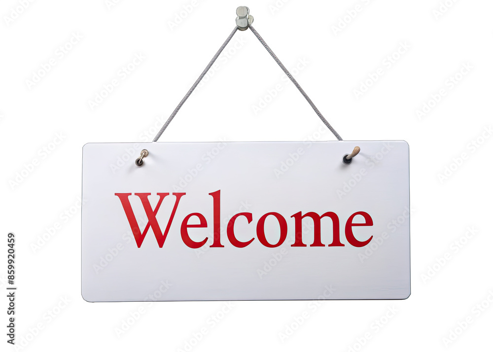 Wall mural a white sign with the word welcome in red letters hanging from a string. generative ai