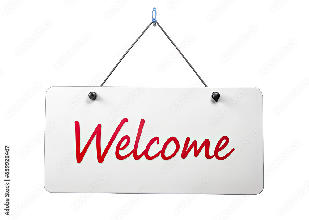 Wall mural a white sign with the word welcome in red script hangs from a blue clip on a string. generative ai