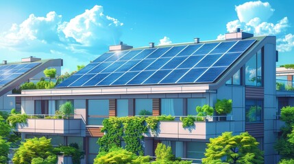 Fototapeta premium Solar panels installed on a modern building rooftop, with green plants around, illustration background