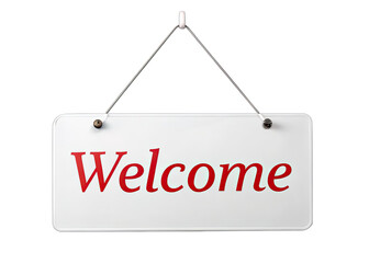 A white sign with the word Welcome written in red hangs from a wire on a white background. Generative AI