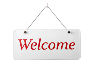 A white sign with the word Welcome written in red hangs from a wire on a white background. Generative AI