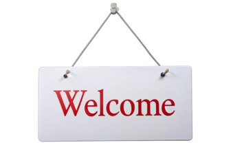 A white sign with the word welcome in red letters hanging from a string. Generative AI