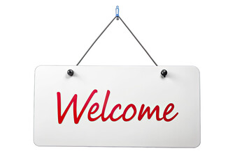 A white sign with the word Welcome in red script hangs from a blue clip on a string. Generative AI