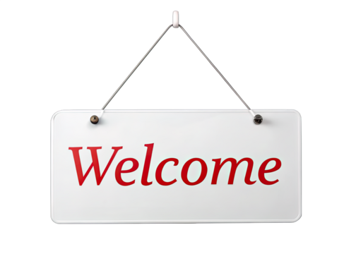 A white sign with the word Welcome written in red hangs from a wire on a white background. Generative AI