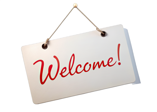 A white sign with the word Welcome in red cursive lettering hangs on a string against a white background. Generative AI