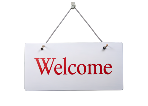 A white sign with the word welcome in red letters hanging from a string. Generative AI