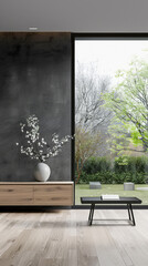 Stylish Living room composition in grey neutral tones with minimal furniture and natural window lighting. Residential Real Estate mockup composition for advertising.