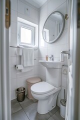 A small bathroom with a toilet, sink and mirror in white color on grey floor tiles