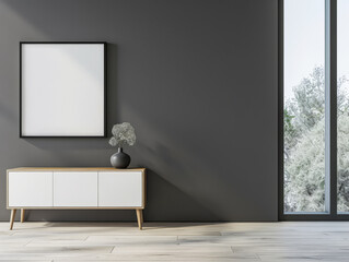 Stylish Living room composition in grey neutral tones with minimal furniture and natural window lighting. Residential Real Estate mockup composition for advertising.