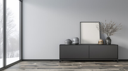 Fototapeta premium Stylish Living room composition in grey neutral tones with minimal furniture and natural window lighting. Residential Real Estate mockup composition for advertising.