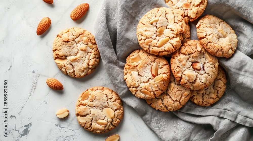 Poster Freshly baked almond cookies on gray cloth against white background