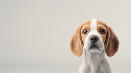 close up of a baby beagle puppy face with floppy ears, clean white background, cute and loyal