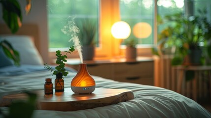 Cozy Bedroom with Aroma Diffuser and Warm Lighting for Relaxation