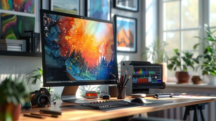 Fototapeta premium Modern Home Office Workspace with Digital Art on Screen and Verdant Plants on Window Sill