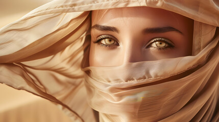 Beautiful Woman wrapped in Beige Silk Scarf Beauty Girl Face with Smooth Skin and Natural Makeup Women Hair Sun Care Headwear Scarves over Desert Sand background : Generative AI