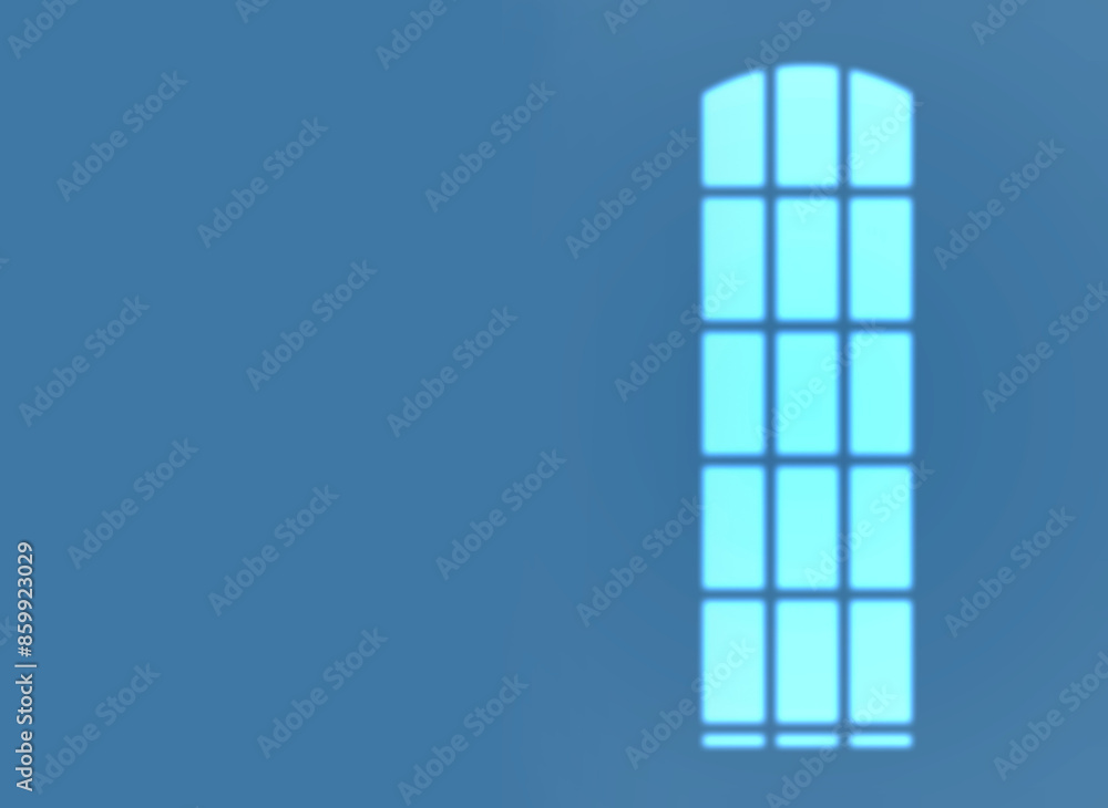 Poster studio, light and window reflection with mockup space, clean overlay for creative wallpaper. blue ba