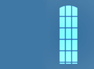 Studio, light and window reflection with mockup space, clean overlay for creative wallpaper. Blue background, minimal and home architecture with shadow, simple idea for sun frame or abstract pattern