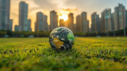 A globe sitting on the grass with a city skyline in the background.