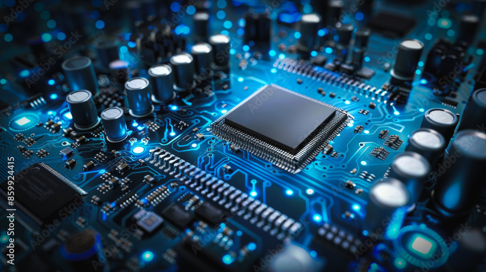 Poster a close up of a computer chip with a blue background