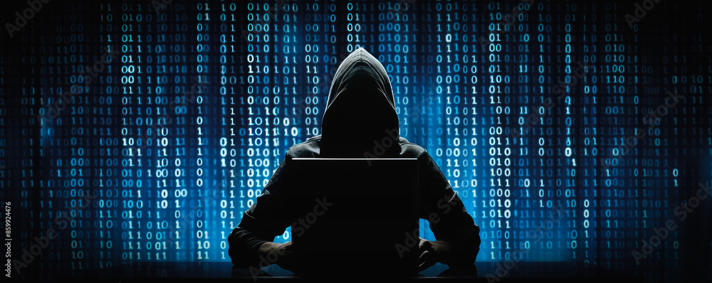 Poster a man is sitting in front of a computer screen with a hood over his head. the computer screen is fil