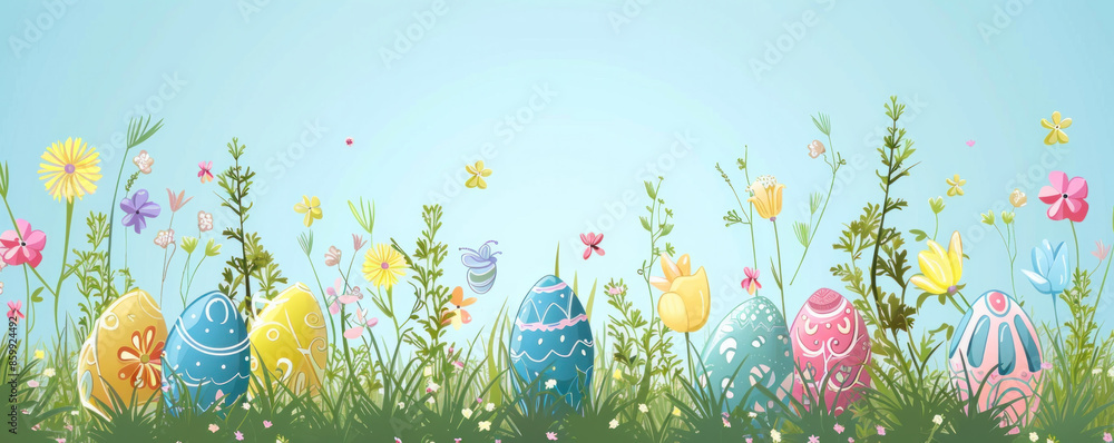 Poster a field of flowers with a row of colorful eggs in the grass. the eggs are of different colors and si