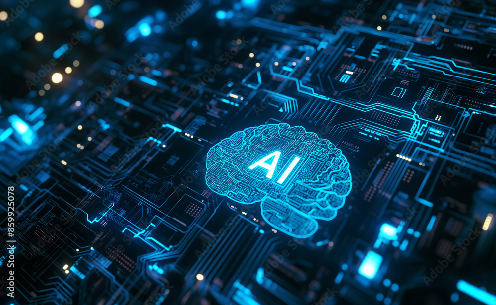 Poster artificial intelligence concept with glowing brain and circuits.