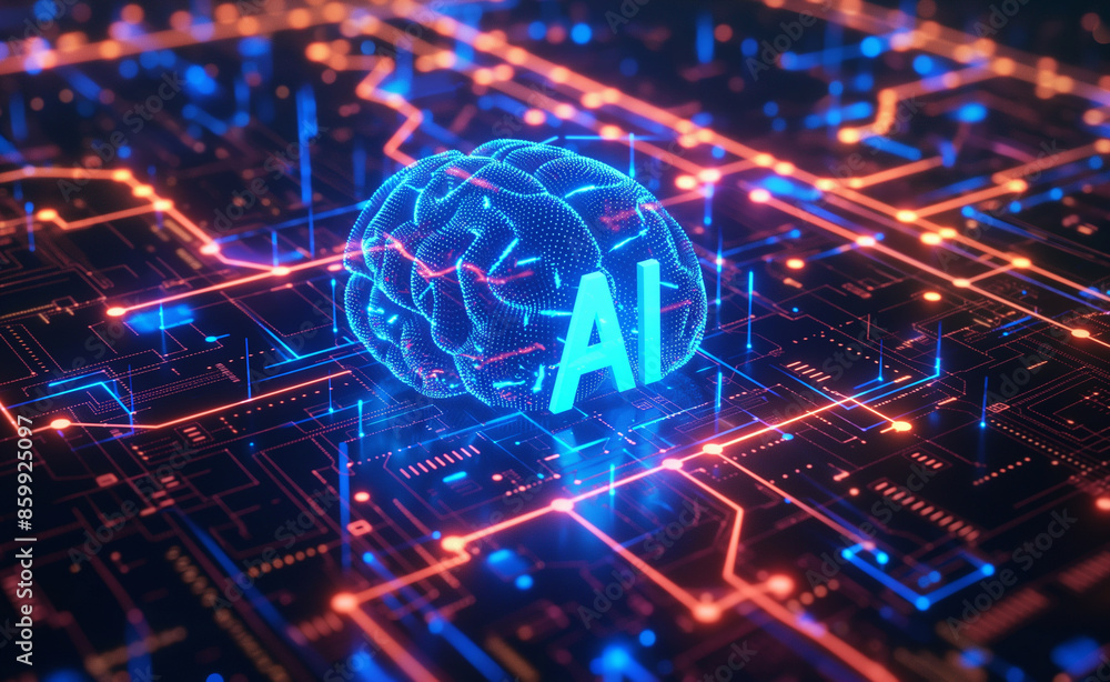 Poster artificial intelligence concept with glowing brain and circuits.