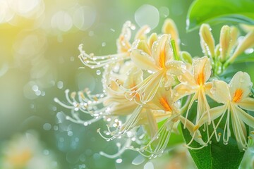Fototapeta premium Close-up of fresh honeysuckle blooms covered in dew drops against a sunlit green background