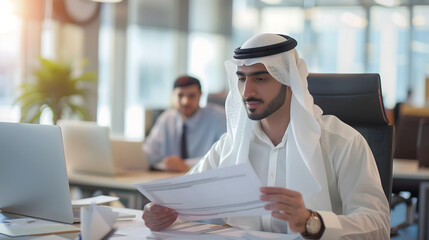 A young handsome Middle eastern Arab man was working on document in his office, looking at a laptop, talking on a video call, bill and agreement in hand