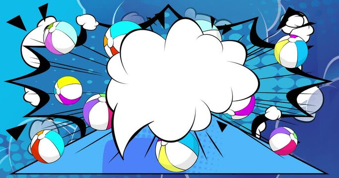 Cartoon Beach Ball with blank speech bubble, comic book Summer Toy video. Retro comics pop art animation.