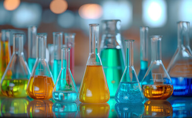 Various laboratory flasks with colorful liquids in a science lab.