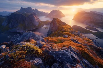 Naklejka premium Golden Sunset Over Majestic Lofoten Mountains