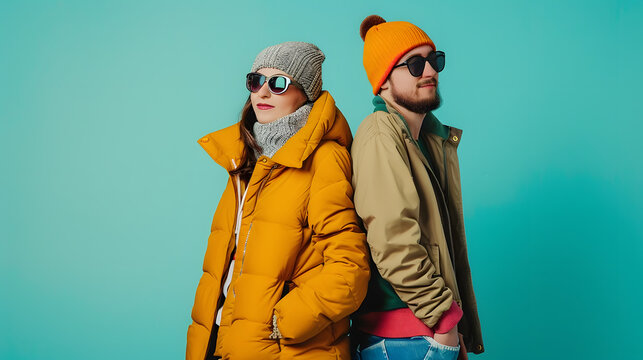 fashionable models in winter outfits posing together on turquoise background young stylish couple : Generative AI