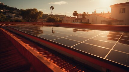 Fototapeta premium Morning Glow: Solar Panels in Residential Neighborhood with Red-Roofed Houses