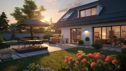 Serene Sunset Scene: Solar Panels on Suburban Home Roof with Golden Hour Lighting and Long Shadows in Tranquil Residential Area