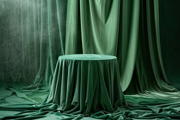 Elegant green fabric on display pedestal. Podium for luxury product showcase