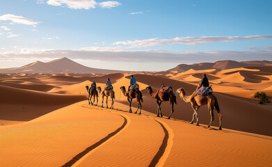 Fototapeta premium Caravan of camels traveling through desert dunes at sunset.