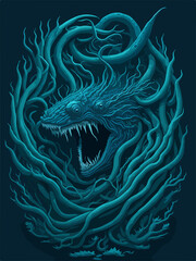 A menacing Leviathan logo, depicting a cosmic horror sea serpent emerging from dark waters, exudes an aura of otherworldly terror, perfect for an SPC emblem.