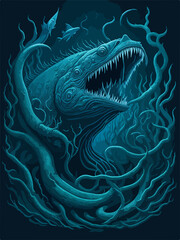 A menacing Leviathan logo, depicting a cosmic horror sea serpent emerging from dark waters, exudes an aura of otherworldly terror, perfect for an SPC emblem.