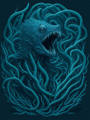 A menacing Leviathan logo, depicting a cosmic horror sea serpent emerging from dark waters, exudes an aura of otherworldly terror, perfect for an SPC emblem.