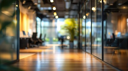 Abstract blurred background of modern office interior with glass walls and wooden floor.