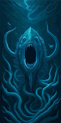 A menacing Leviathan logo, depicting a cosmic horror sea serpent emerging from dark waters, exudes an aura of otherworldly terror, perfect for an SPC emblem.