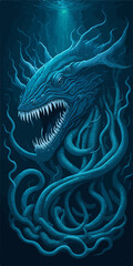 A menacing Leviathan logo, depicting a cosmic horror sea serpent emerging from dark waters, exudes an aura of otherworldly terror, perfect for an SPC emblem.