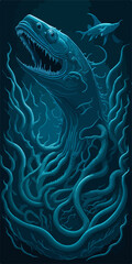 A menacing Leviathan logo, depicting a cosmic horror sea serpent emerging from dark waters, exudes an aura of otherworldly terror, perfect for an SPC emblem.