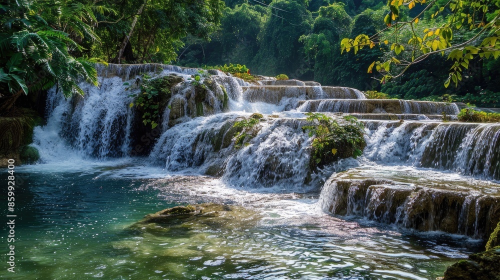 Aufkleber background image of waterfall cascading into a forest pond. beautiful waterfall surrounded with natu