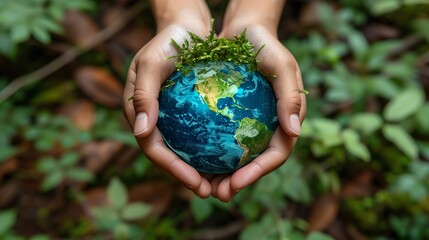 Close-up of hands holding a globe with greenery on top, symbolizing care for the environment.