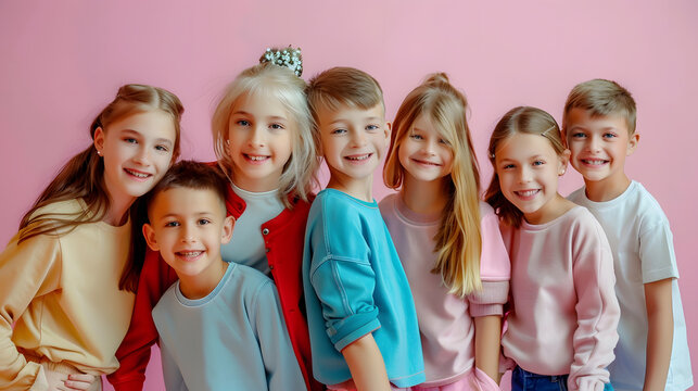 The group of happy smiling teen girls and boys on a pastel studio background Stylish young teen girls posing at studio Classic autumn style Teen and kids fashion concept childrens fasi : Generative AI