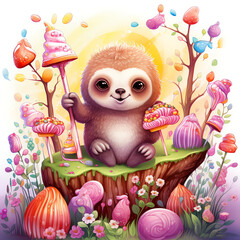 Naklejka premium A cute cartoon baby sloth sitting on top of an old tree stump surrounded by candy, lollipops and mushrooms