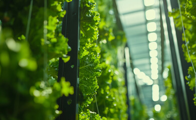 Vertical farming with rows of green lettuce.
