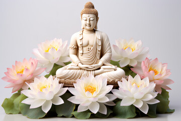 Peaceful Buddha statue encircled by white and pink lotus flowers, symbolizing serenity and enlightenment. Perfect for themes of spirituality, meditation, and Zen aesthetics.